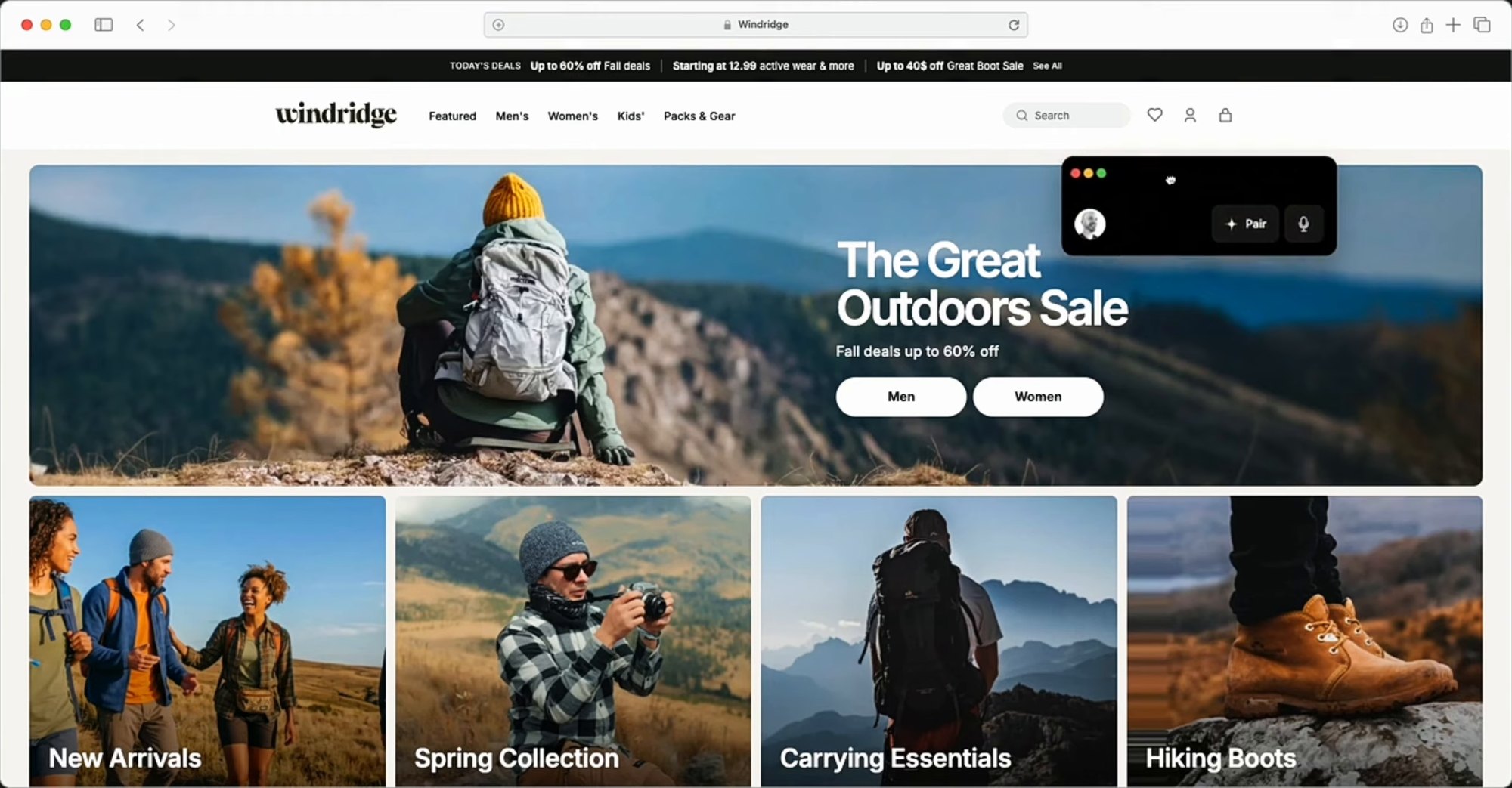 A homepage do retalhista fictício Windridge, com a campanha The Great Outdoors Sale. No canto, o widget do agente mostra o botão Pair, ainda por ligar.