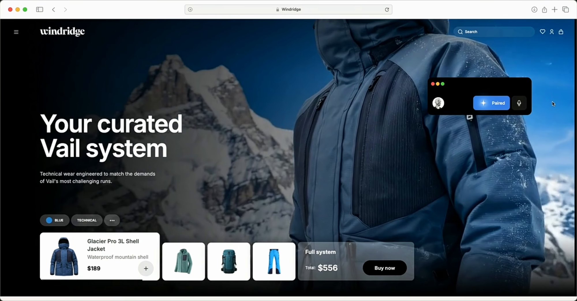 A mesma loja depois de ligar o agente pessoal: a página passa a Your curated Vail system, com um equipamento completo montado e um total de 556 dólares. O widget do agente mostra Paired.