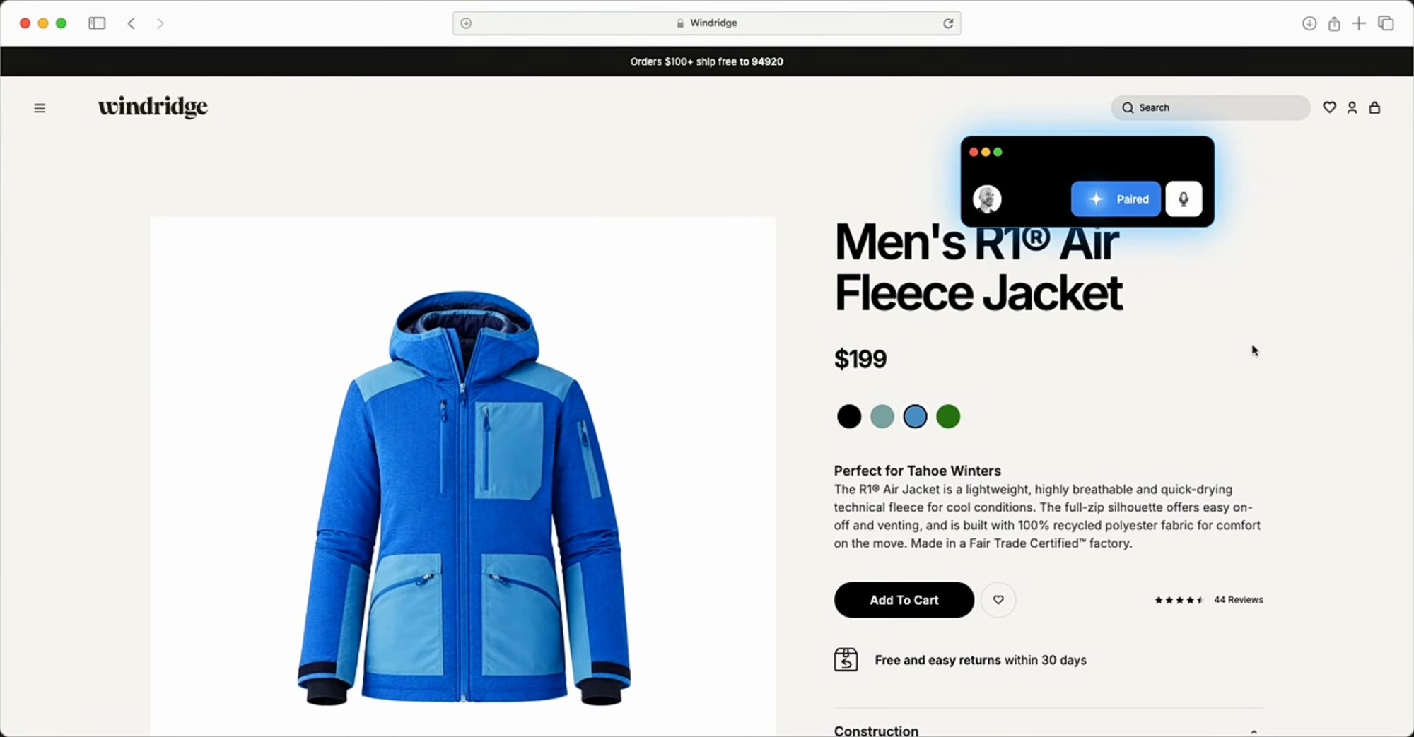 Página do casaco R1 Air, a 199 dólares, cujo texto descritivo começa por Perfect for Tahoe Winters.